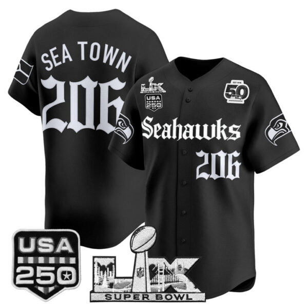 Men's Sea Town 206 Seattle Seahawks ??Super Bowl LX & 50th Patch? Vapor Baseball Jersey - Gothic Edition - All Stitched - Black