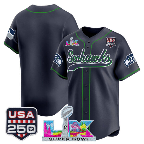 Seattle Seahawks Team "Super Bowl LX & 250America Patch" Vapor Baseball Custom Jersey - All Stitched - College Navy