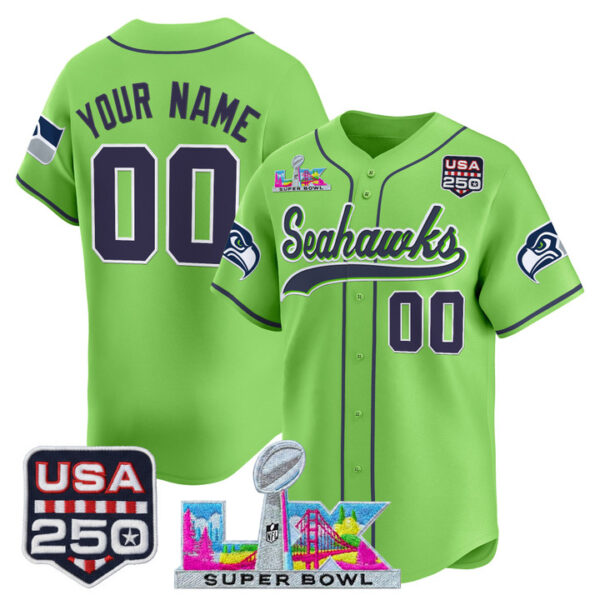 Seattle Seahawks "Super Bowl LX & 250America Patch" Vapor Baseball Custom Jersey - All Stitched - Neon Green