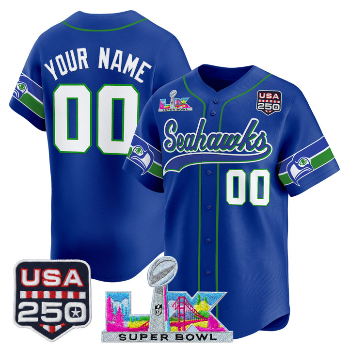 Seattle Seahawks "Super Bowl LX & 250America Patch" Vapor Baseball Custom Jersey - All Stitched - Royal Throwback