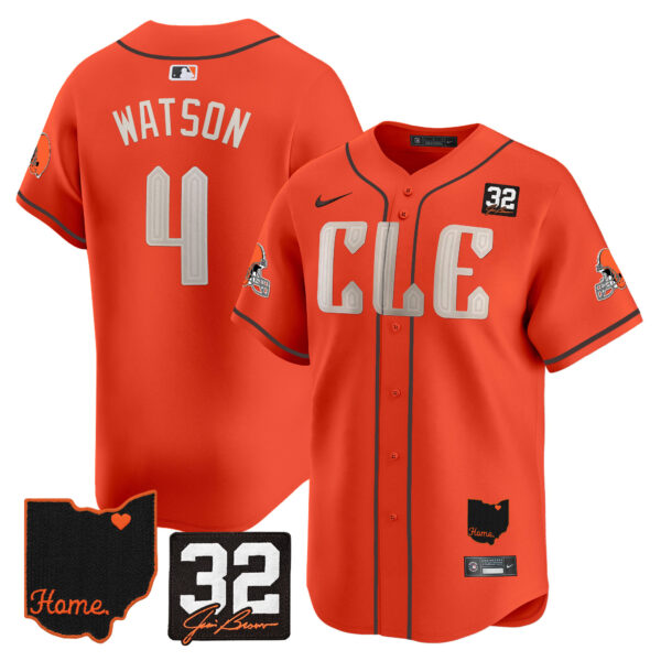 Men’s Browns #32 Jim Brown Memorial & Home Patch Vapor Premier Limited Jersey – All Stitched – Orange – Deshaun Watson