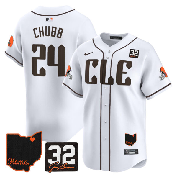 Men’s Browns #32 Jim Brown Memorial & Home Patch Vapor Premier Limited Jersey – All Stitched – White – Nick Chubb