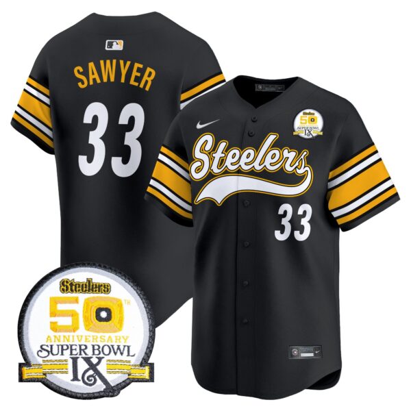Steelers 50th Anniversary Of Super Bowl IX Patch Vapor Premier Baseball Jersey – All Stitched – Black – Jack Sawyer Jersey