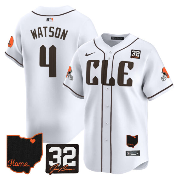 Men’s Browns #32 Jim Brown Memorial & Home Patch Vapor Premier Limited Jersey – All Stitched – White – Deshaun Watson