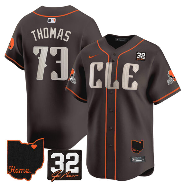 Men’s Browns #32 Jim Brown Memorial & Home Patch Vapor Premier Limited Jersey – All Stitched – Brown – Joe Thomas