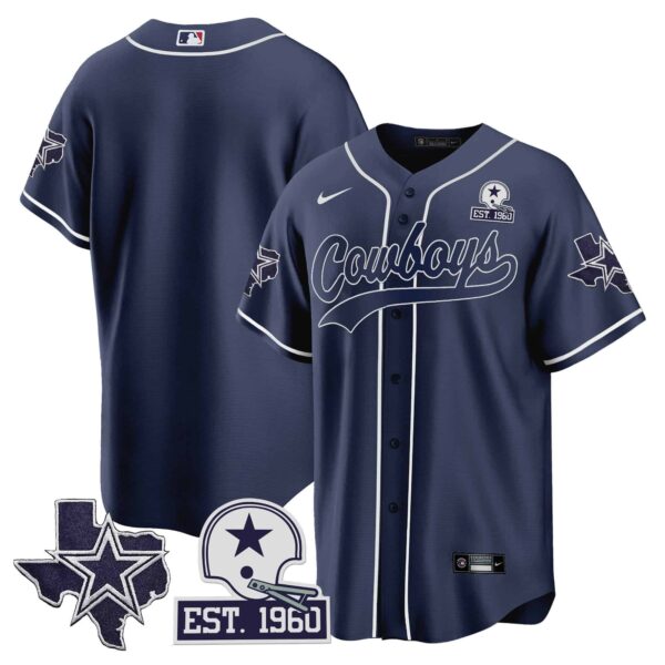 Men’s Cowboys Texas Patch Baseball Jersey – All Stitched – Navy – Team