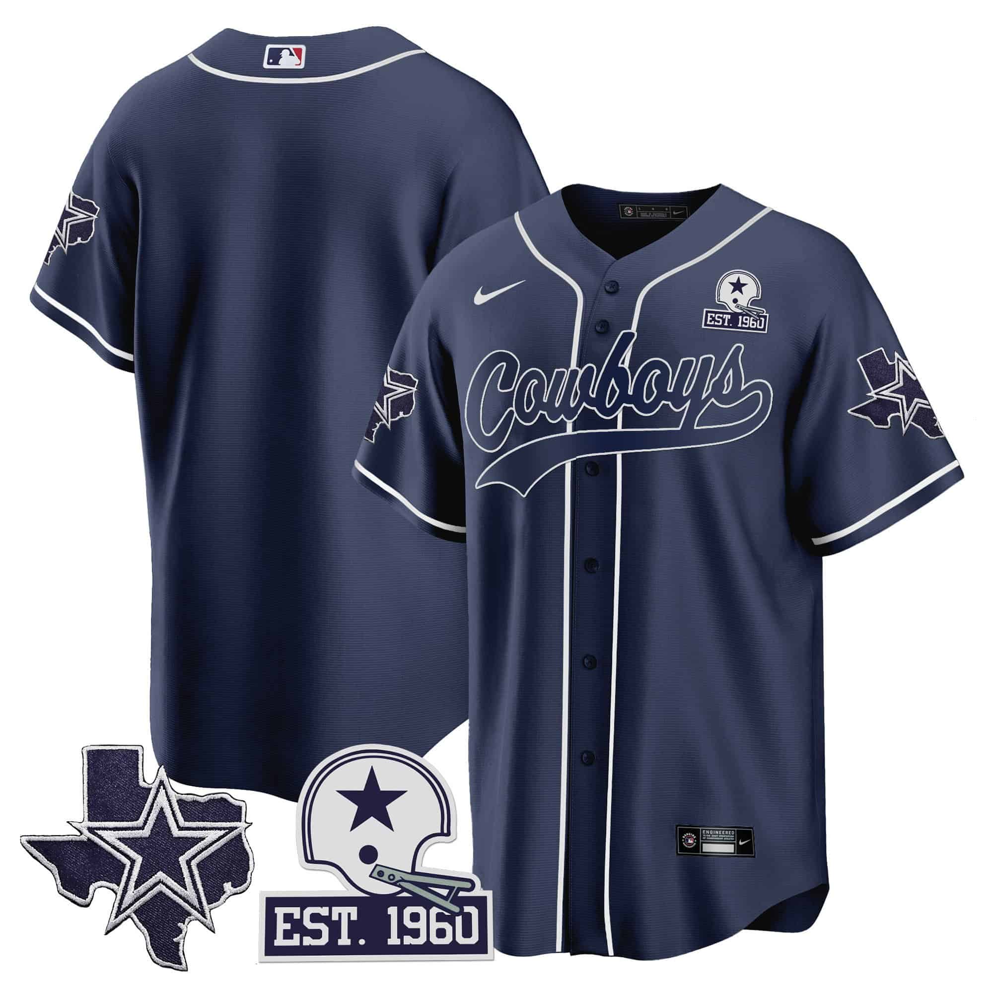 Men’s Cowboys Texas Patch Baseball Jersey – All Stitched – Navy – Team
