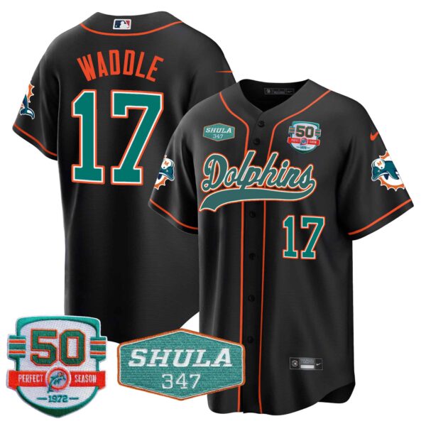 Men’s Dolphins 50th & Don Shula 347 Memorial Patch Baseball Jersey – All Stitched – Black – Jaylen Waddle
