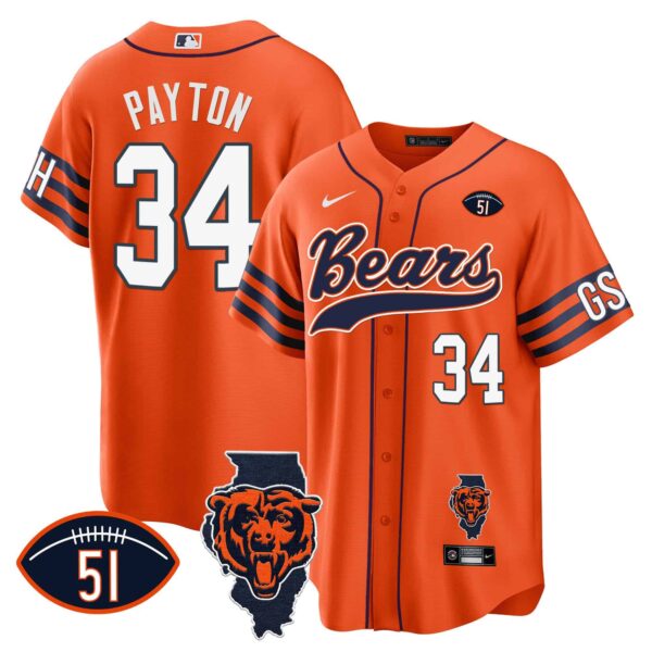Men’s Bears Illinois Patch Baseball Jersey – All Stitched – Orange – Walter Payton