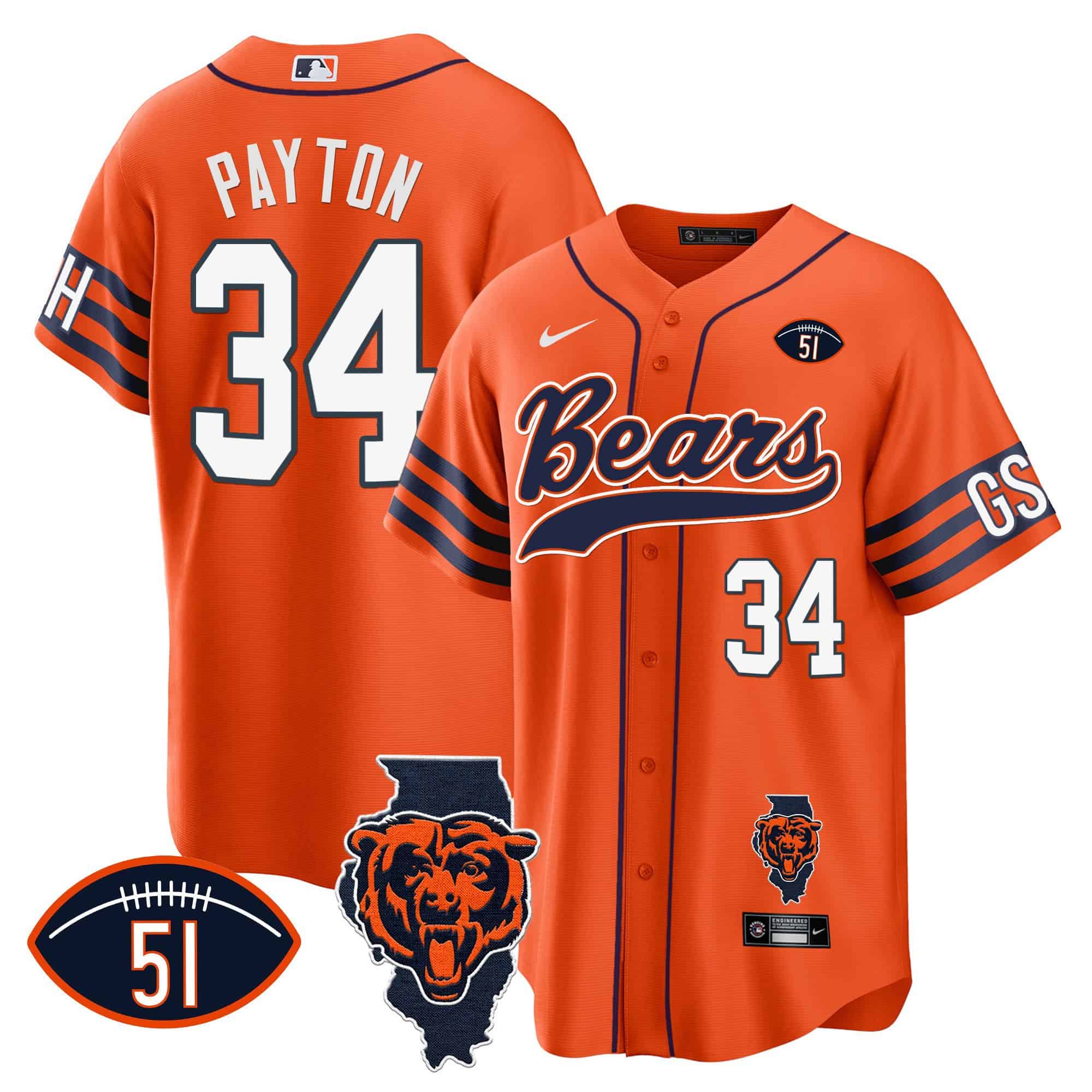 Men’s Bears Illinois Patch Baseball Jersey – All Stitched – Orange – Walter Payton