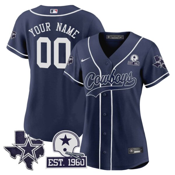 Cowboys Texas Patch Baseball Custom Jersey – All Stitched – Women – Navy