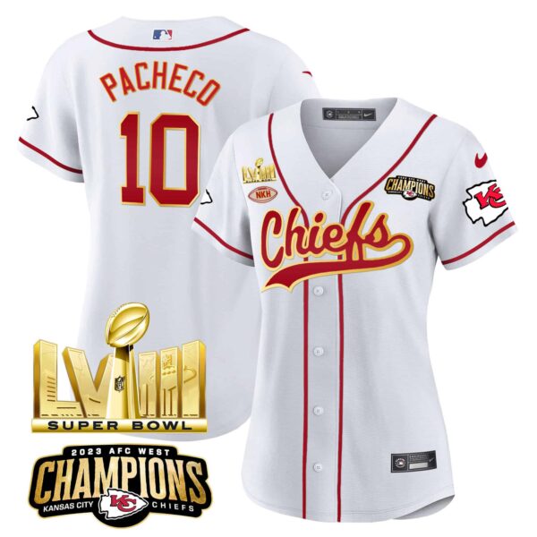 Women’s Chiefs AFC West Champions & Super Bowl LVIII Gold Patch Baseball Jersey – All Stitched – White – Isiah Pacheco