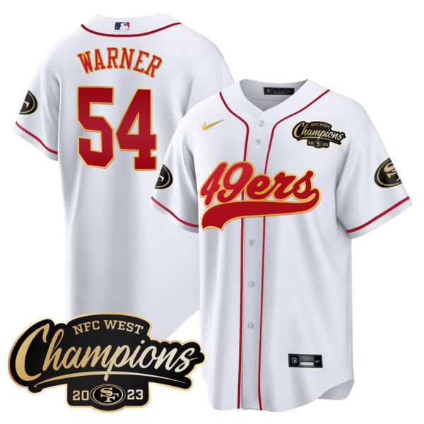 Men’s 49ers 2023 NFC West Champions Baseball Gold Trim Jersey – All Stitched – White – Fred Warner