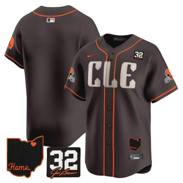 Men’s Browns #32 Jim Brown Memorial & Home Patch Vapor Premier Limited Jersey – All Stitched – Brown – Team