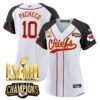 Women’s Chiefs AFC West Champions & Super Bowl LVIII Gold Patch Baseball Jersey – All Stitched – Inverted – Isiah Pacheco