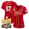 Women’s Chiefs AFC West Champions & Super Bowl LVIII Gold Patch Baseball Jersey – All Stitched – Red – Travis Kelce