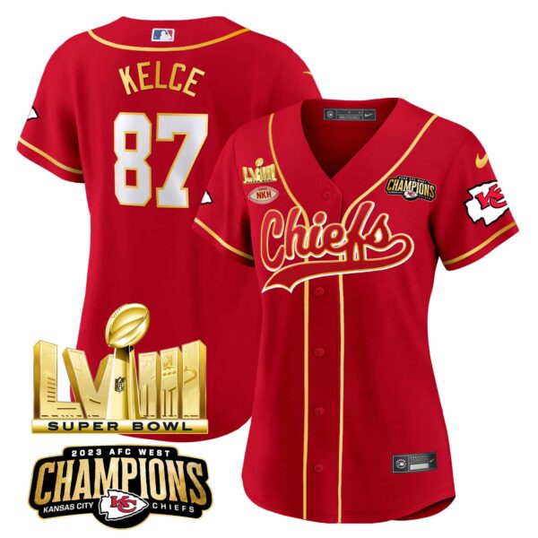 Women’s Chiefs AFC West Champions & Super Bowl LVIII Gold Patch Baseball Jersey – All Stitched – Red – Travis Kelce
