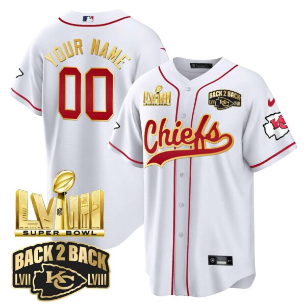Chiefs Super Bowl LVIII & Back 2 Back Gold Patch Baseball Custom Jersey – All Stitched – Men – White