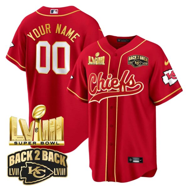 Chiefs Super Bowl LVIII & Back 2 Back Gold Patch Baseball Custom Jersey – All Stitched – Men – Red