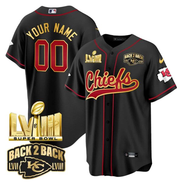 Chiefs Super Bowl LVIII & Back 2 Back Gold Patch Baseball Custom Jersey – All Stitched – Men – Black