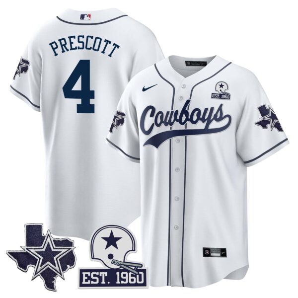 Men’s Cowboys Texas Patch Baseball Jersey – All Stitched – White – Dak Prescott