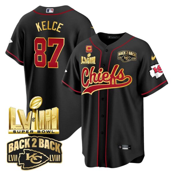 Men’s Chiefs Super Bowl LVIII & Back 2 Back Gold Patch Baseball Jersey – All Stitched – Black – Travis Kelce