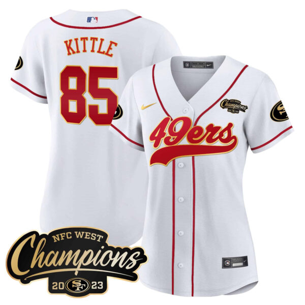 Women’s 49ers 2023 NFC West Champions Baseball Gold Trim Jersey – All Stitched – White – George Kittle