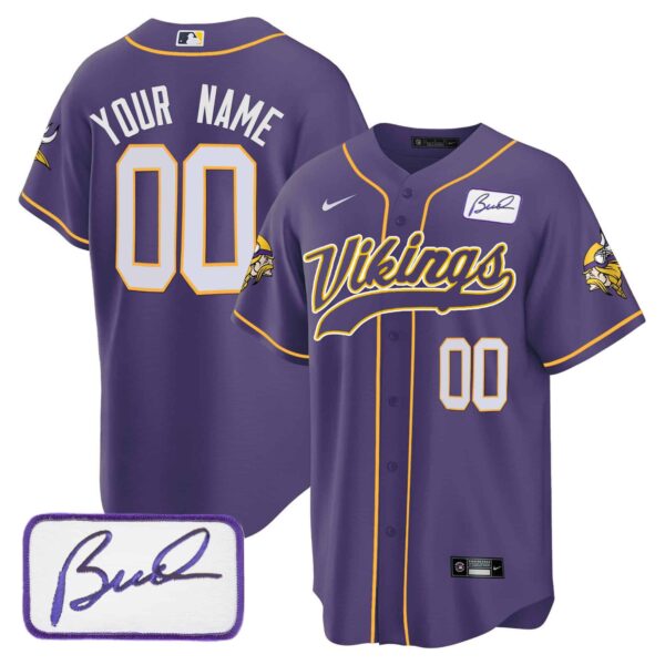 Vikings Bud Grant Patch Baseball Custom Jersey – All Stitched – Men – Purple