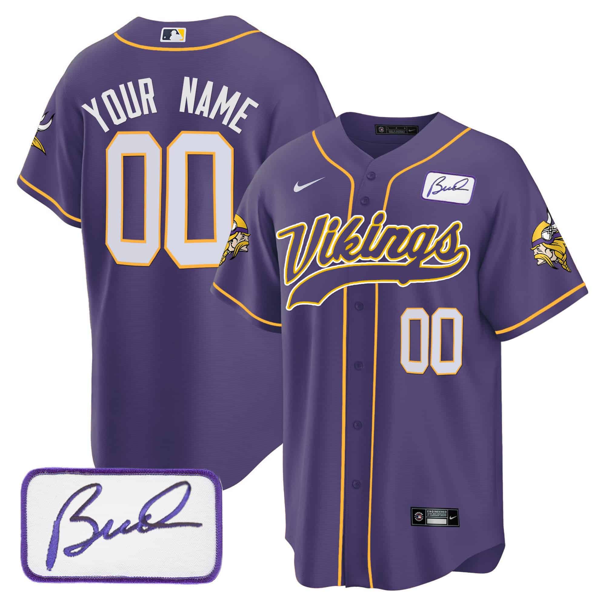 Vikings Bud Grant Patch Baseball Custom Jersey – All Stitched – Men – Purple