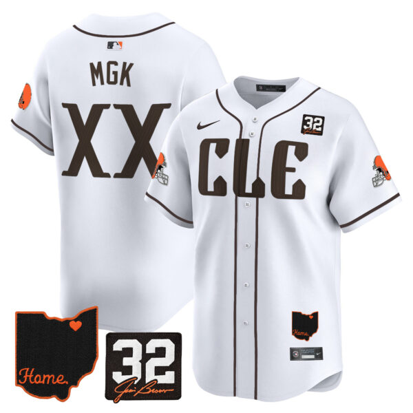 Men’s Browns #32 Jim Brown Memorial & Home Patch Vapor Premier Limited Jersey – All Stitched – White – MGK