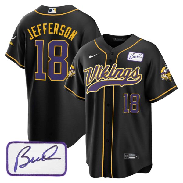 Men’s Vikings Bud Grant Patch Classic Baseball Jersey – All Stitched – Black – Justin Jefferson