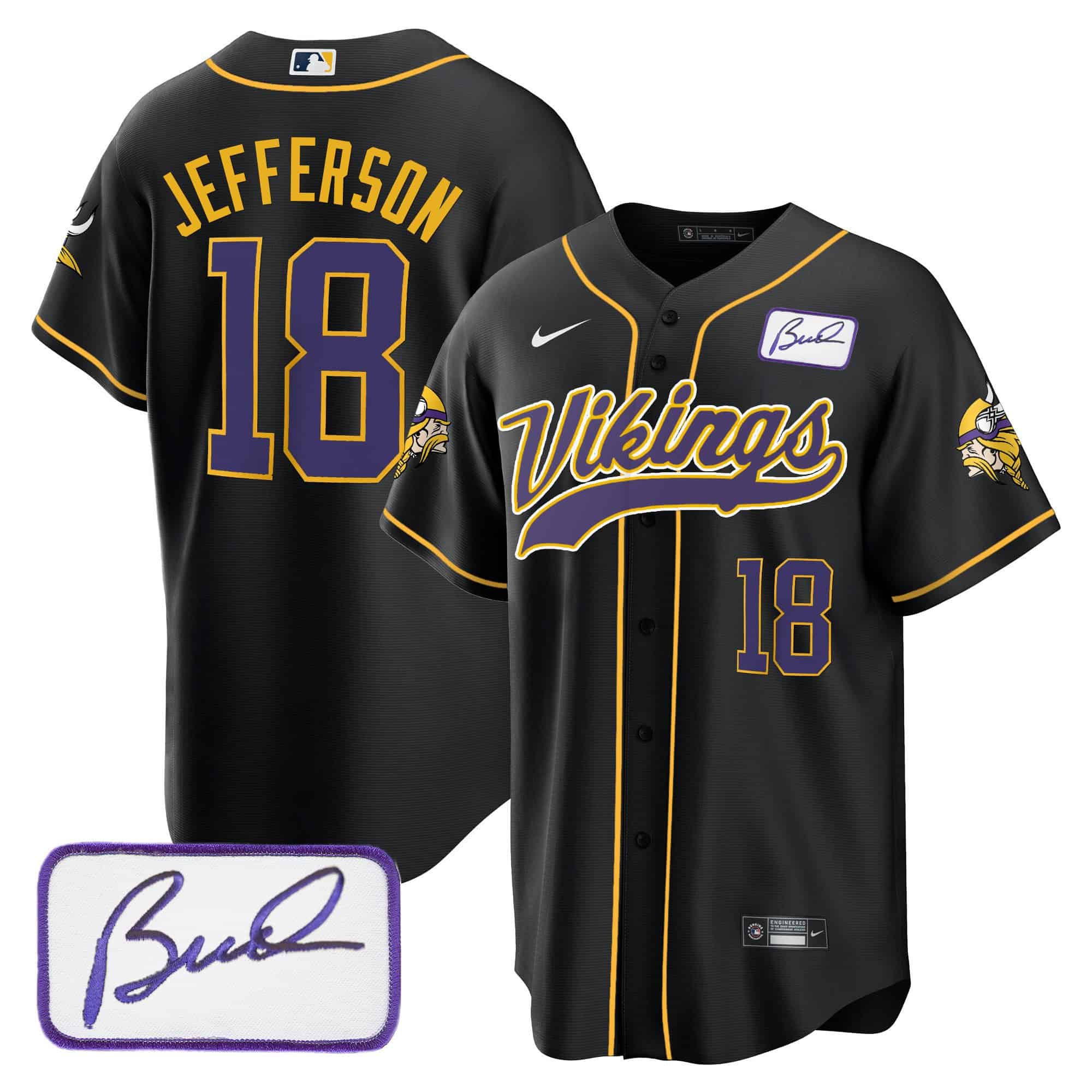 Men’s Vikings Bud Grant Patch Classic Baseball Jersey – All Stitched – Black – Justin Jefferson