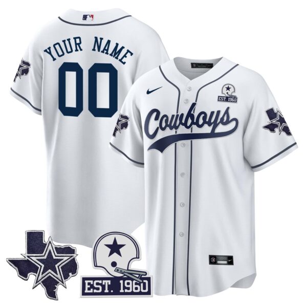 Cowboys Texas Patch Baseball Custom Jersey – All Stitched – Men – White