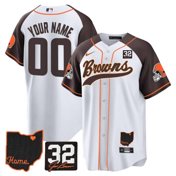 Browns #32 Jim Brown Memorial & Home Patch Baseball Custom Jersey V2 – All Stitched – Men – Inverted