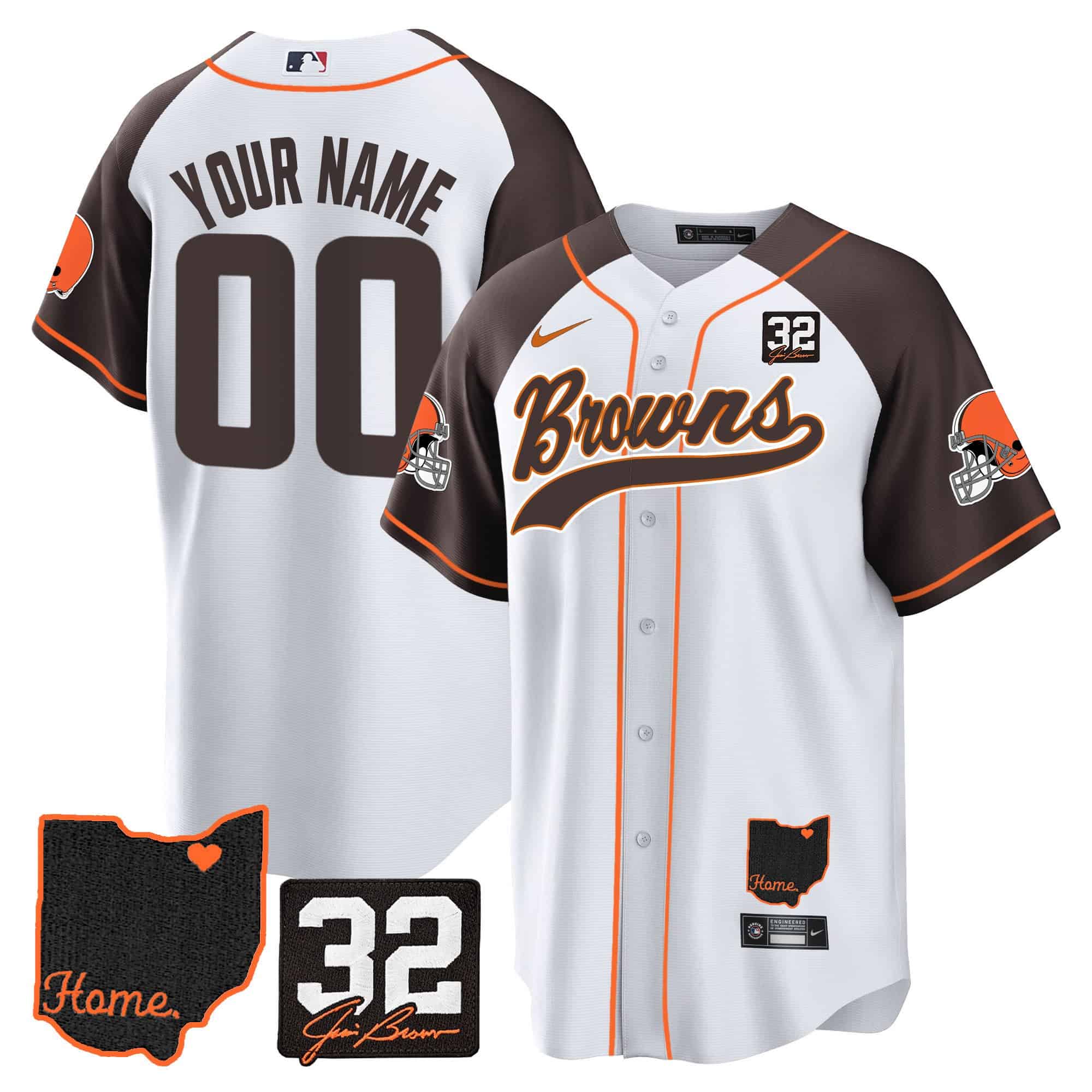 Browns #32 Jim Brown Memorial & Home Patch Baseball Custom Jersey V2 – All Stitched – Men – Inverted