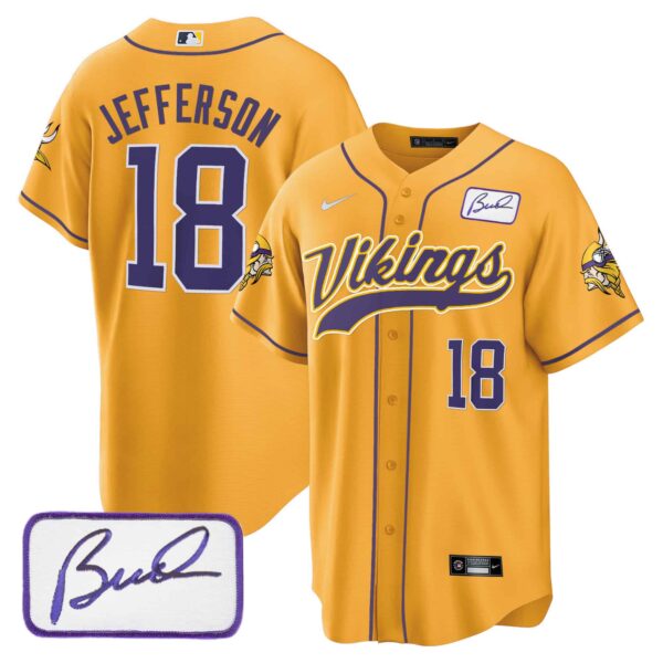 Men’s Vikings Bud Grant Patch Classic Baseball Jersey – All Stitched – Gold – Justin Jefferson