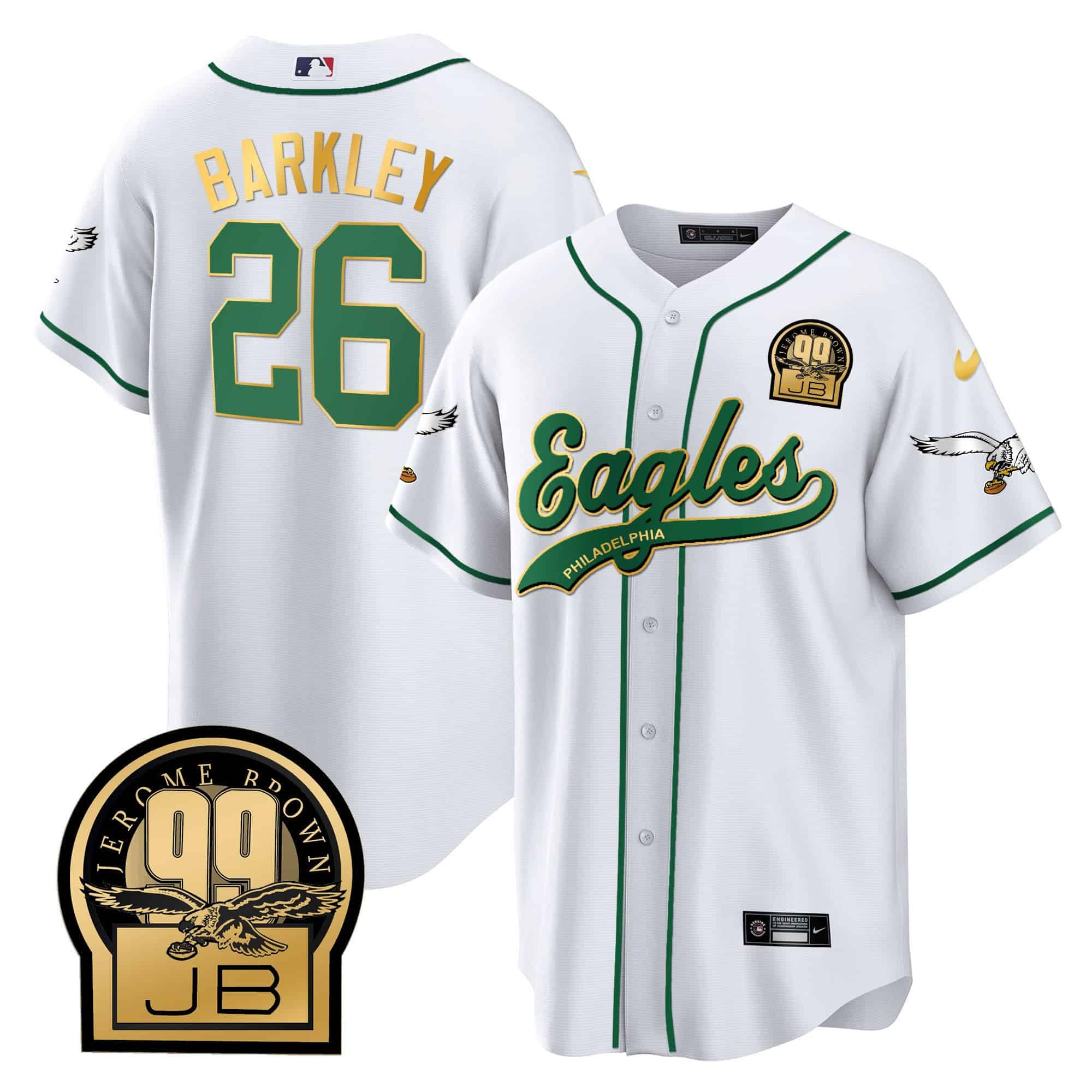 Saquon Barkley Eagles Jerome Brown Retired Patch Kelly Green Baseball Jersey – All Stitched – Men – White Gold Trim