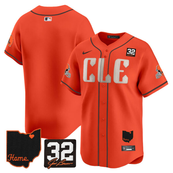 Men’s Browns #32 Jim Brown Memorial & Home Patch Vapor Premier Limited Jersey – All Stitched – Orange – Team