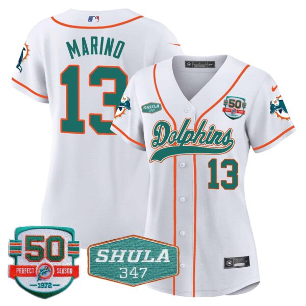 Women’s Dolphins 50th & Don Shula 347 Memorial Patch Baseball Jersey – All Stitched – White – Dan Marino