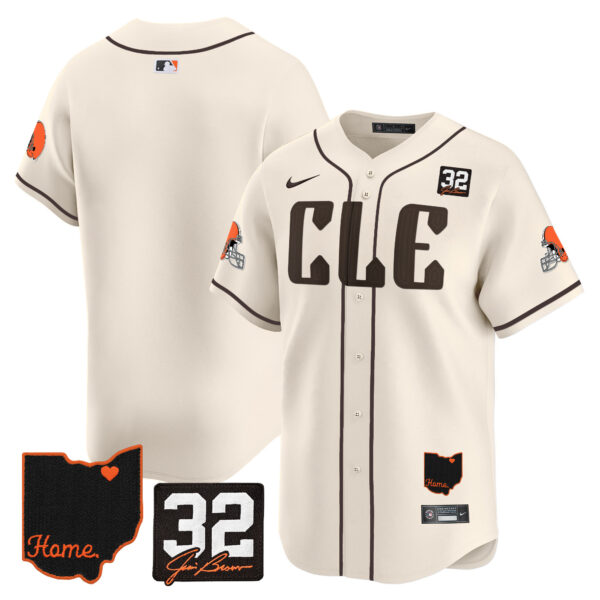 Men’s Browns #32 Jim Brown Memorial & Home Patch Vapor Premier Limited Jersey – All Stitched – Cream – Team
