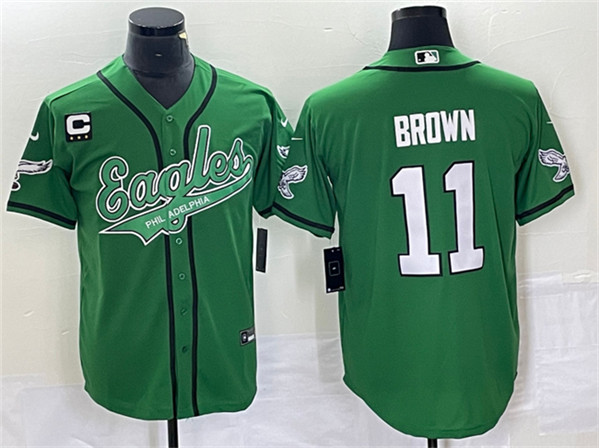 Men’s Philadelphia Eagles #11 A. J. Brown Green With C Patch Cool Base Baseball Stitched Jersey
