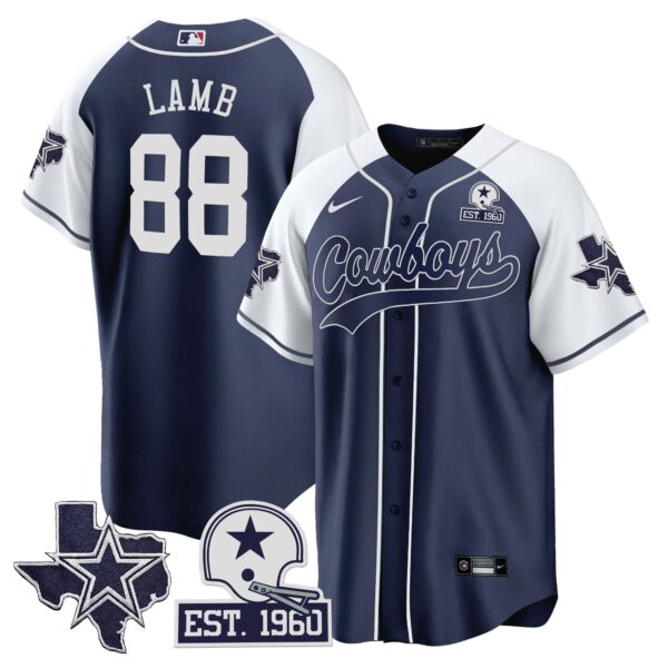Men’s Cowboys Texas Patch Baseball Jersey – All Stitched – Navy Alternate – CeeDee Lamb