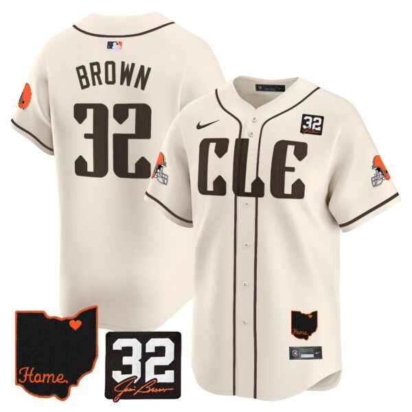 Men’s Browns #32 Jim Brown Memorial & Home Patch Vapor Premier Limited Jersey – All Stitched – Cream – Jim Brown