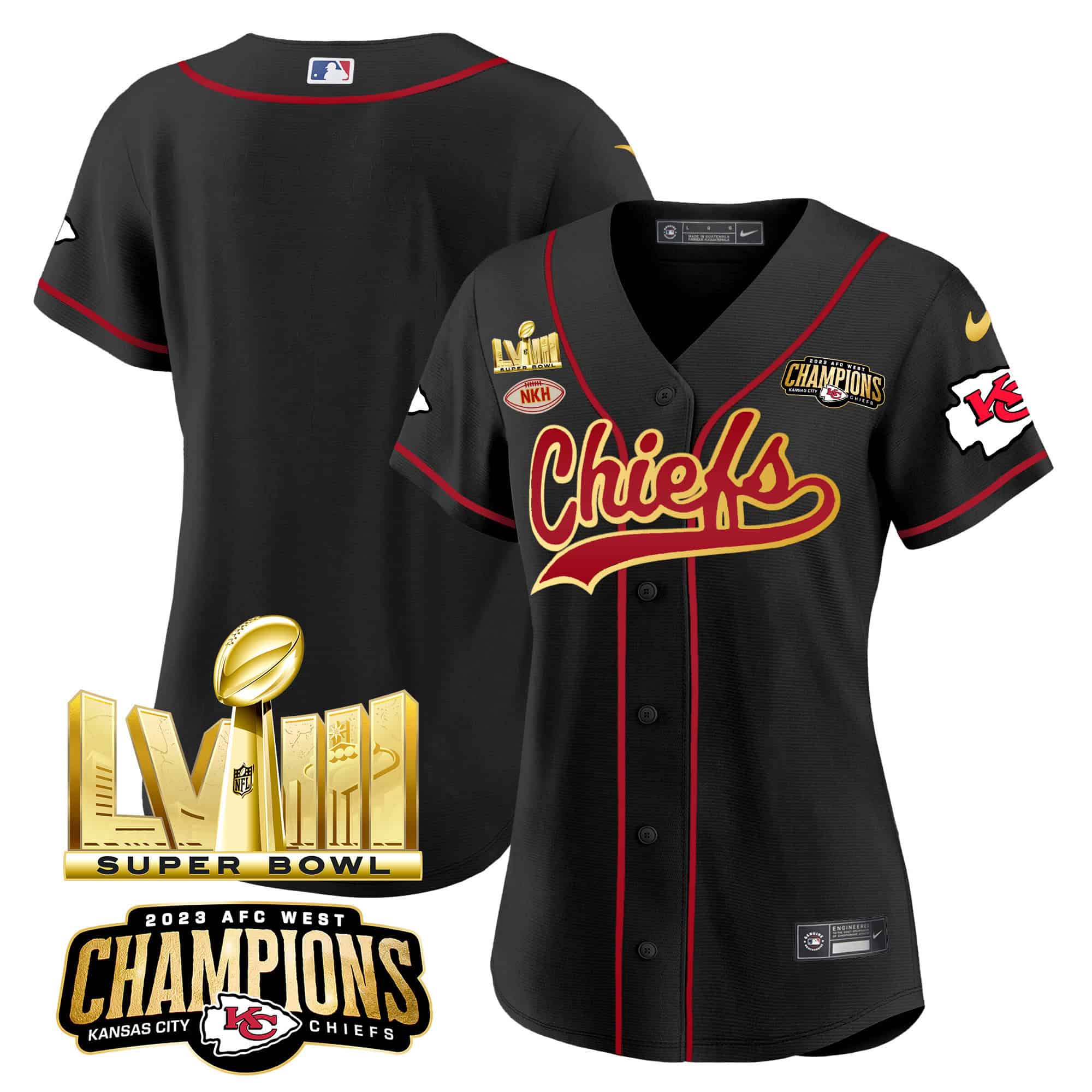 Women’s Chiefs AFC West Champions & Super Bowl LVIII Gold Patch Baseball Jersey – All Stitched – Black – Team