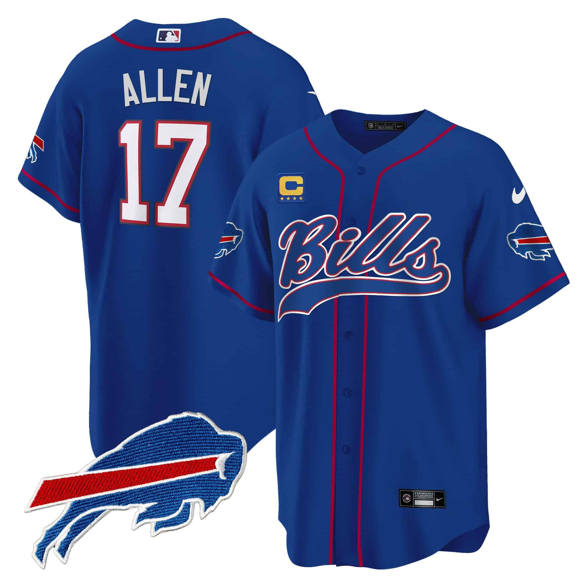 Men’s Buffalo Bills Baseball Jersey – All Stitched – Royal – Josh Allen