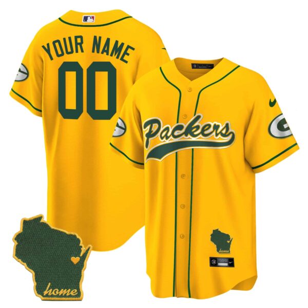 Packers Home Patch Baseball Custom Jersey – All Stitched – Men – Gold