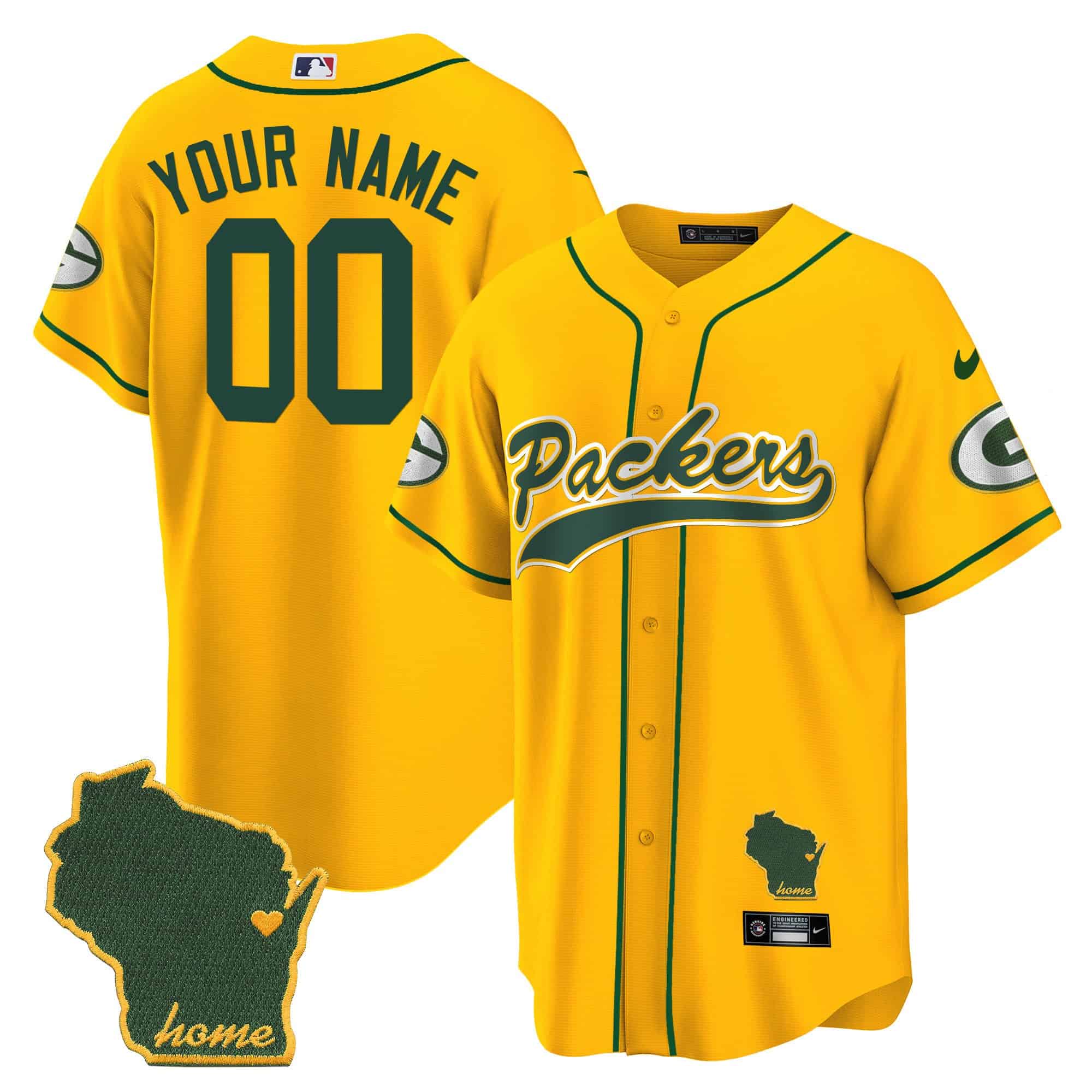 Packers Home Patch Baseball Custom Jersey – All Stitched – Men – Gold
