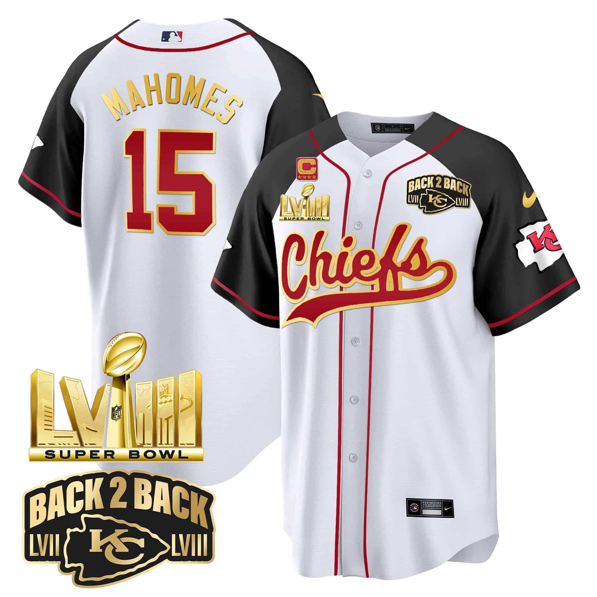 Men’s Chiefs Super Bowl LVIII & Back 2 Back Gold Patch Baseball Jersey – All Stitched – Inverted – Patrick Mahomes
