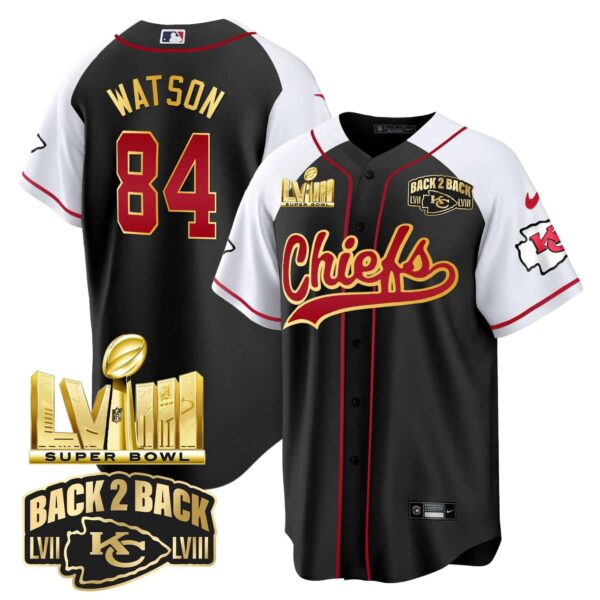 Men’s Chiefs Super Bowl LVIII & Back 2 Back Gold Patch Baseball Jersey – All Stitched – Black Alternate – Justin Watson