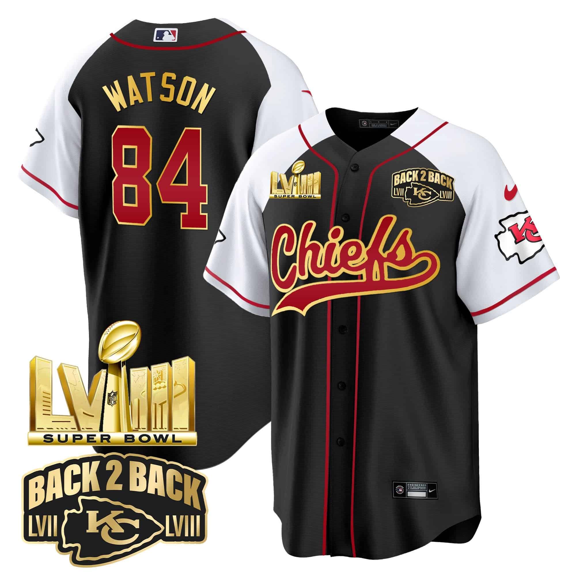 Men’s Chiefs Super Bowl LVIII & Back 2 Back Gold Patch Baseball Jersey – All Stitched – Black Alternate – Justin Watson